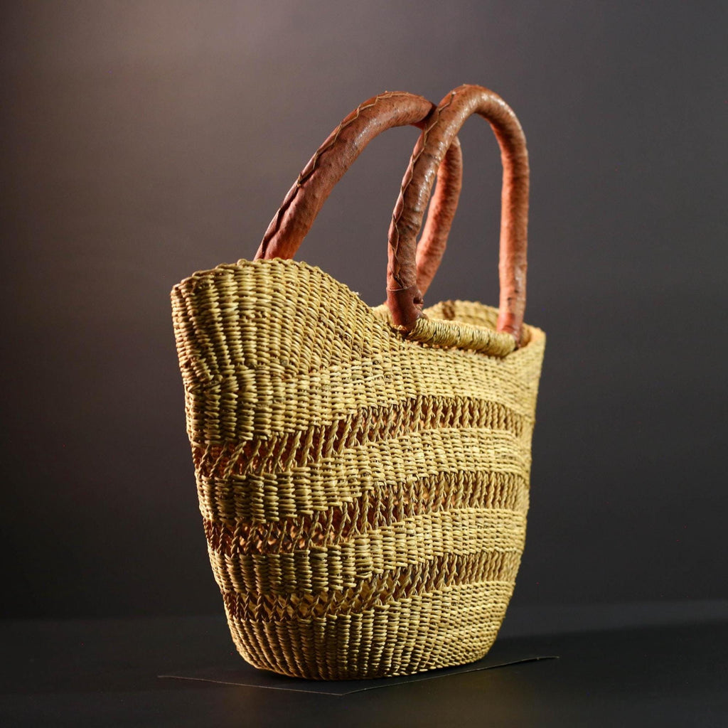 woven bolga market basket natural straw tote handmade ghana bag leather handle african decor shopping storage craft G5478