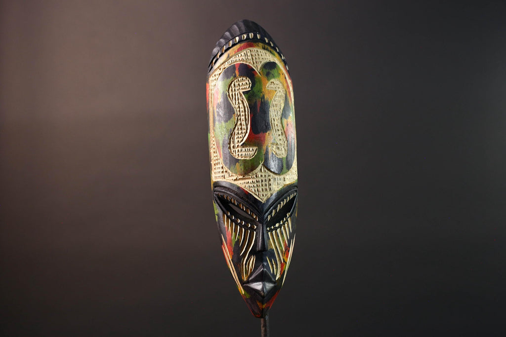 african cobra mask wall art hand carved wood tribal decor baule style snake sculpture multicolor geometric spiritual G5479