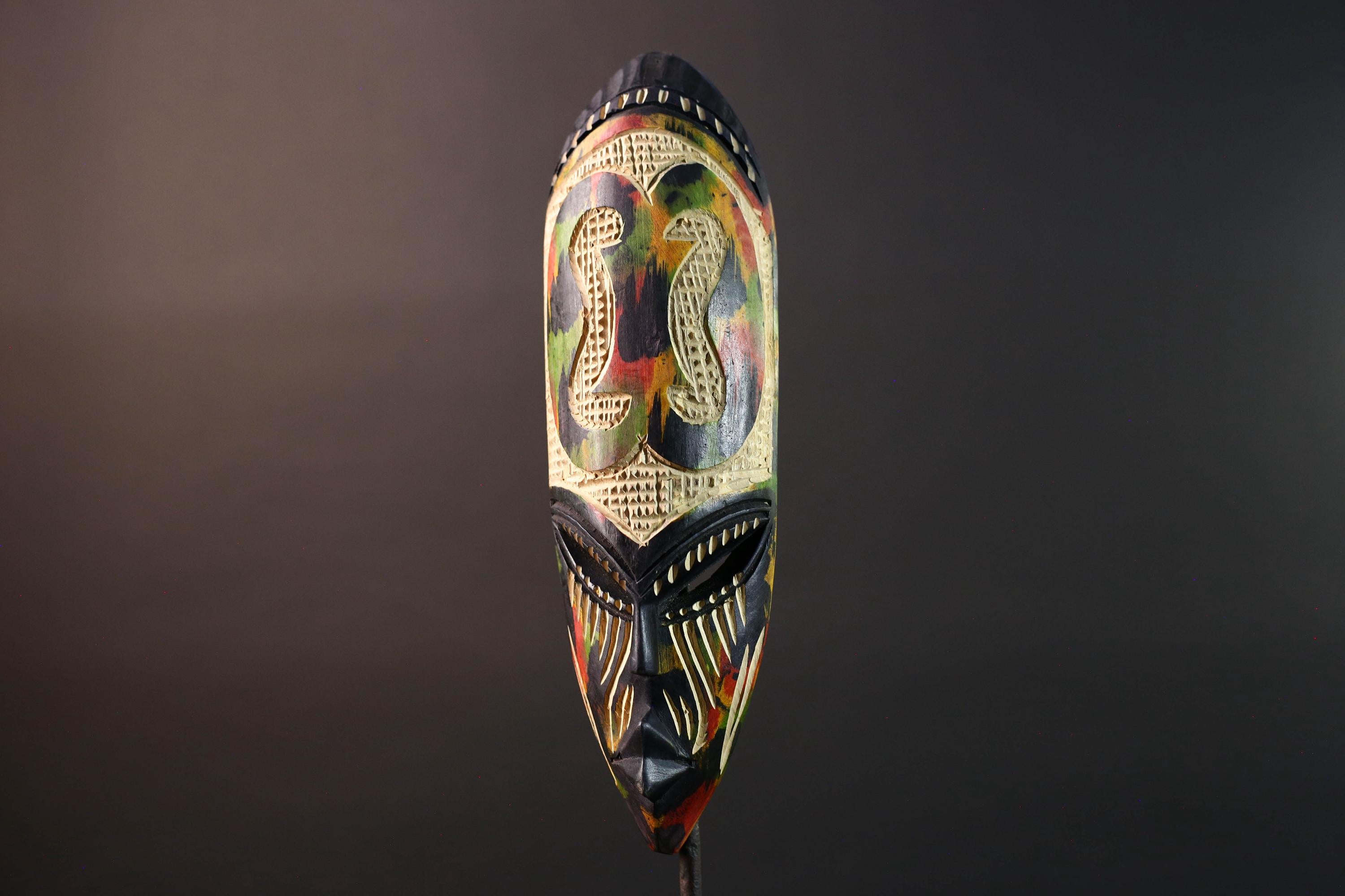 african cobra mask wall art hand carved wood tribal decor baule style snake sculpture multicolor geometric spiritual G5479