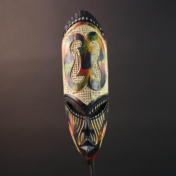 african cobra mask wall art hand carved wood tribal decor baule style snake sculpture multicolor geometric spiritual G5479