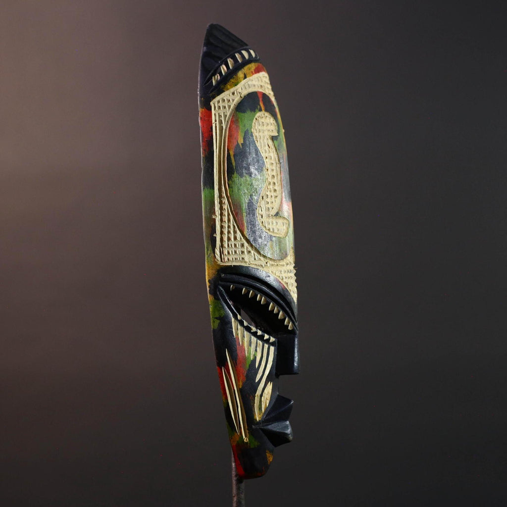 african cobra mask wall art hand carved wood tribal decor baule style snake sculpture multicolor geometric spiritual G5479