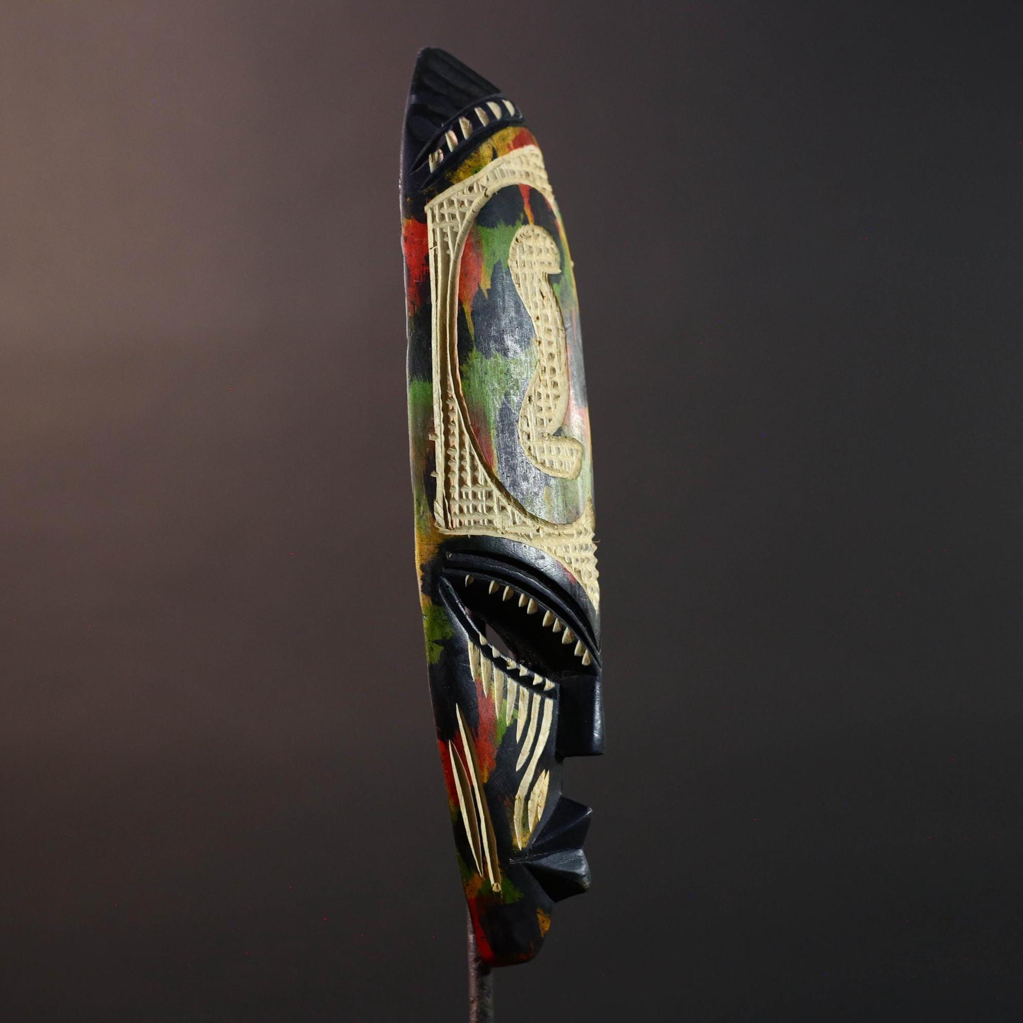 african cobra mask wall art hand carved wood tribal decor baule style snake sculpture multicolor geometric spiritual G5479