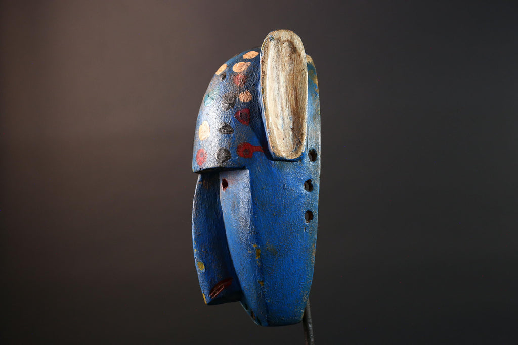 African mask Bwa spirit animal with long snout, blue painted surface, carved ears, and multicolor dotted tribal finish wall decor G5574