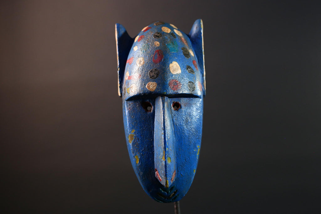 African mask Bwa spirit animal with long snout, blue painted surface, carved ears, and multicolor dotted tribal finish wall decor G5574