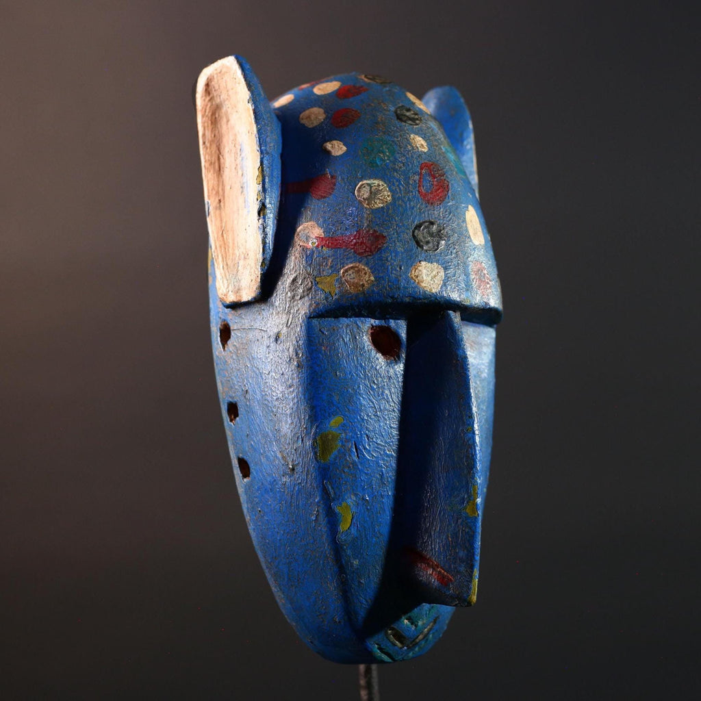 African mask Bwa spirit animal with long snout, blue painted surface, carved ears, and multicolor dotted tribal finish wall decor G5574