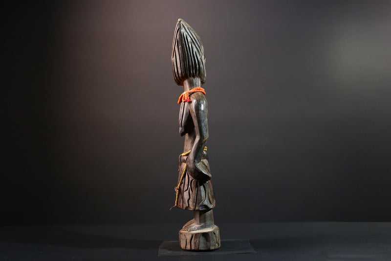 African statue Yoruba carved female figure from Nigeria with beads, tribal details, and dark finish for spiritual home decor G5561