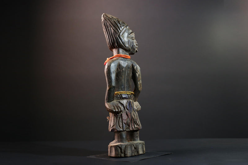 African statue Yoruba carved female figure from Nigeria with beads, tribal details, and dark finish for spiritual home decor G5561
