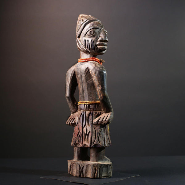 African statue Yoruba carved female figure from Nigeria with beads, tribal details, and dark finish for spiritual home decor G5561