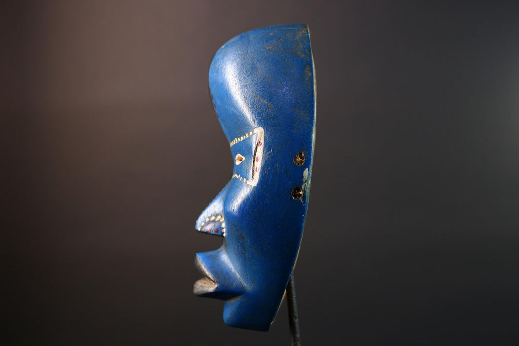 African wood mask Dan blue wall carving tribal decor portrait face mask cultural artifact painted mask decor artisan crafted artwork G5564
