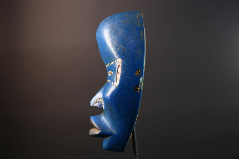 African wood mask Dan blue wall carving tribal decor portrait face mask cultural artifact painted mask decor artisan crafted artwork G5564