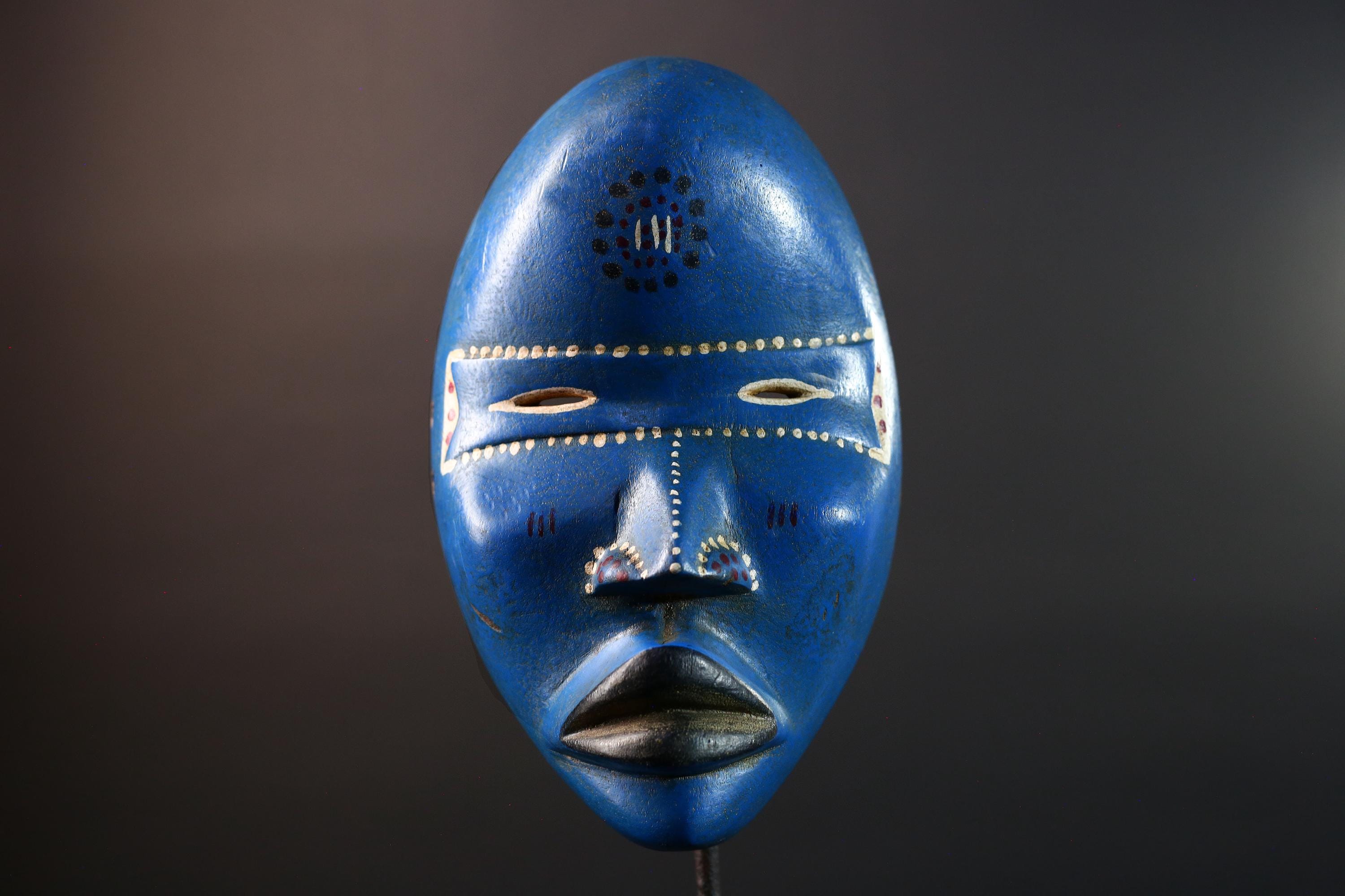 African wood mask Dan blue wall carving tribal decor portrait face mask cultural artifact painted mask decor artisan crafted artwork G5564