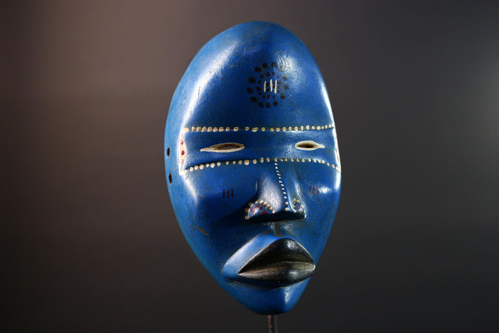 African wood mask Dan blue wall carving tribal decor portrait face mask cultural artifact painted mask decor artisan crafted artwork G5564