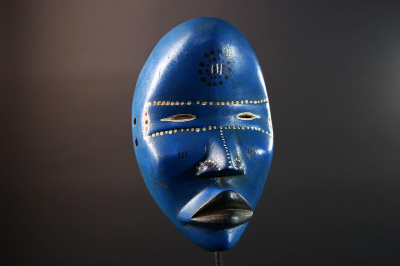 African wood mask Dan blue wall carving tribal decor portrait face mask cultural artifact painted mask decor artisan crafted artwork G5564