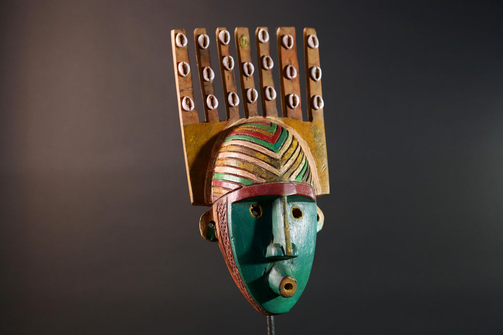 African mask Bwoom tribal wall carving green face decor cowrie shell artwork unique crest art cultural artifact collectible mask G5566