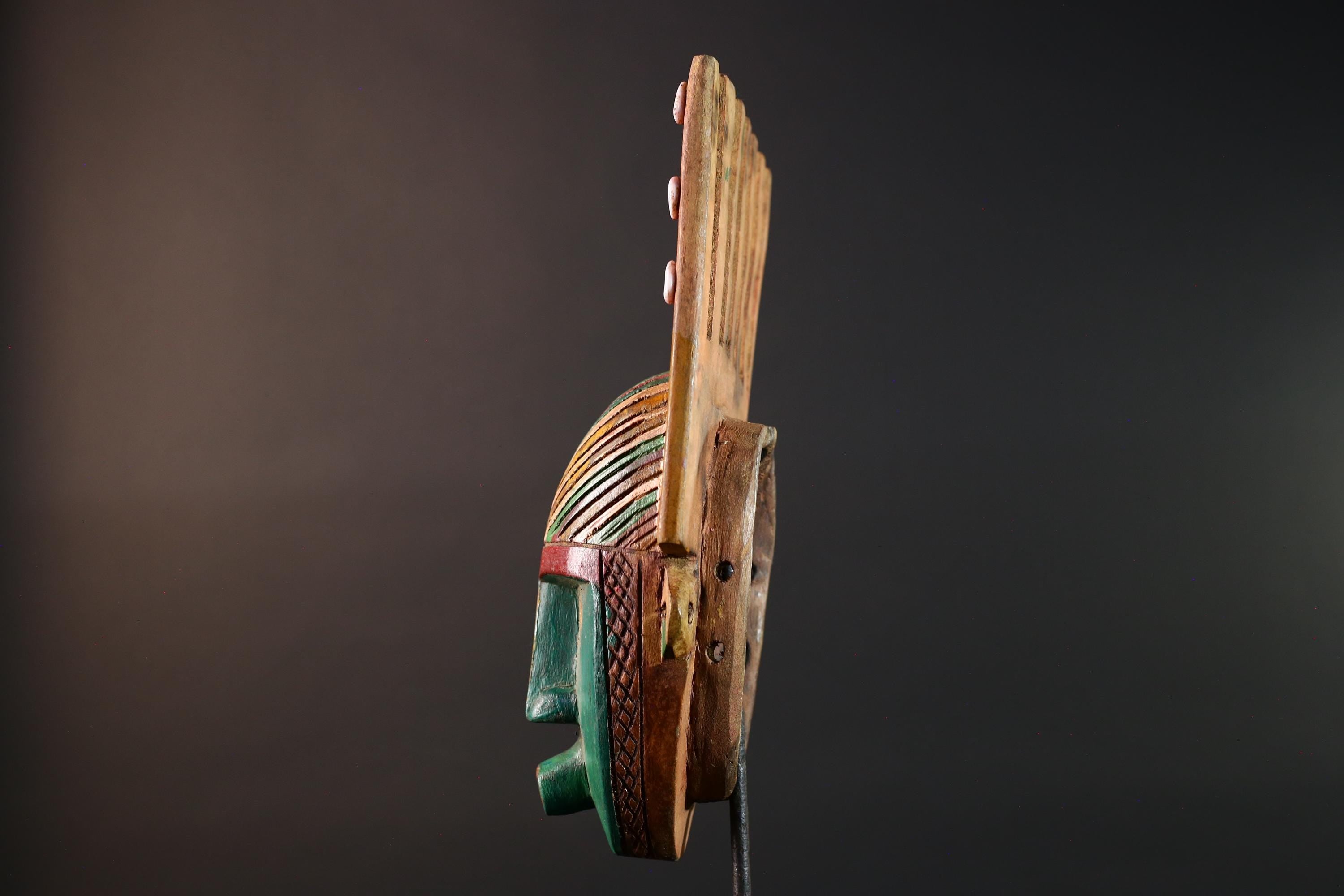 African mask Bwoom tribal wall carving green face decor cowrie shell artwork unique crest art cultural artifact collectible mask G5566