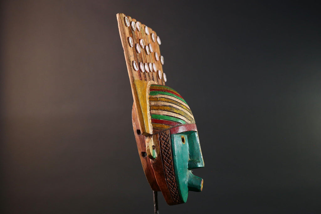 African mask Bwoom tribal wall carving green face decor cowrie shell artwork unique crest art cultural artifact collectible mask G5566