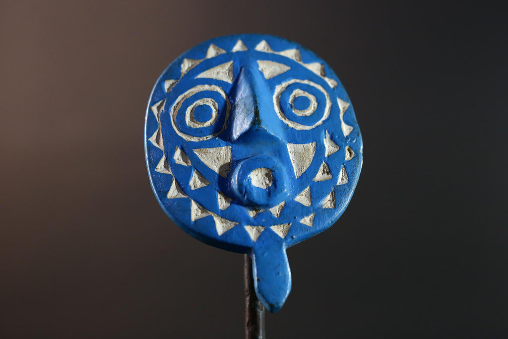 African wall mask Bwa tribal sunburst carving blue geometric face art small decorative mask cultural wall decor collectible artwork G5577