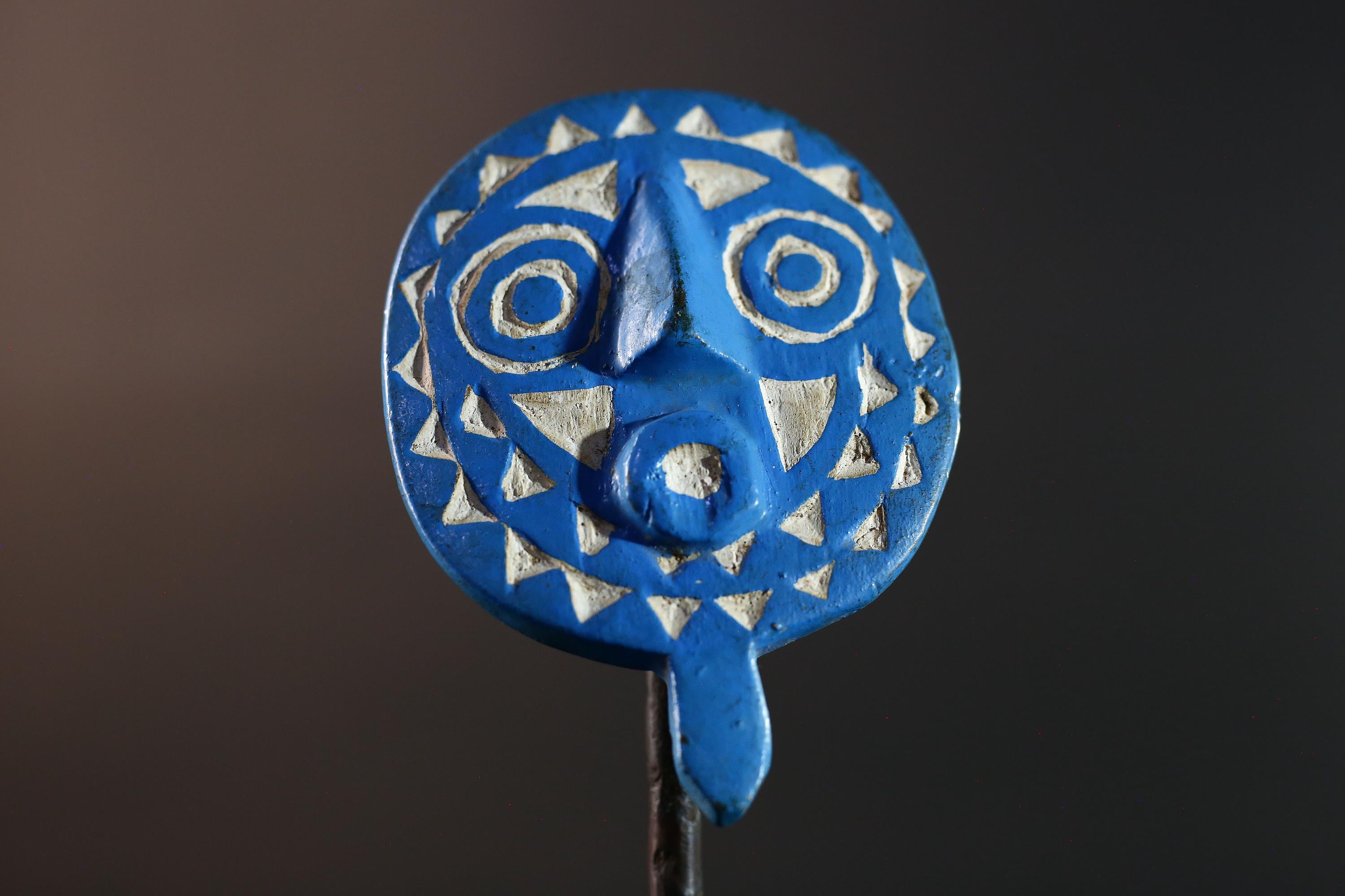 African wall mask Bwa tribal sunburst carving blue geometric face art small decorative mask cultural wall decor collectible artwork G5577