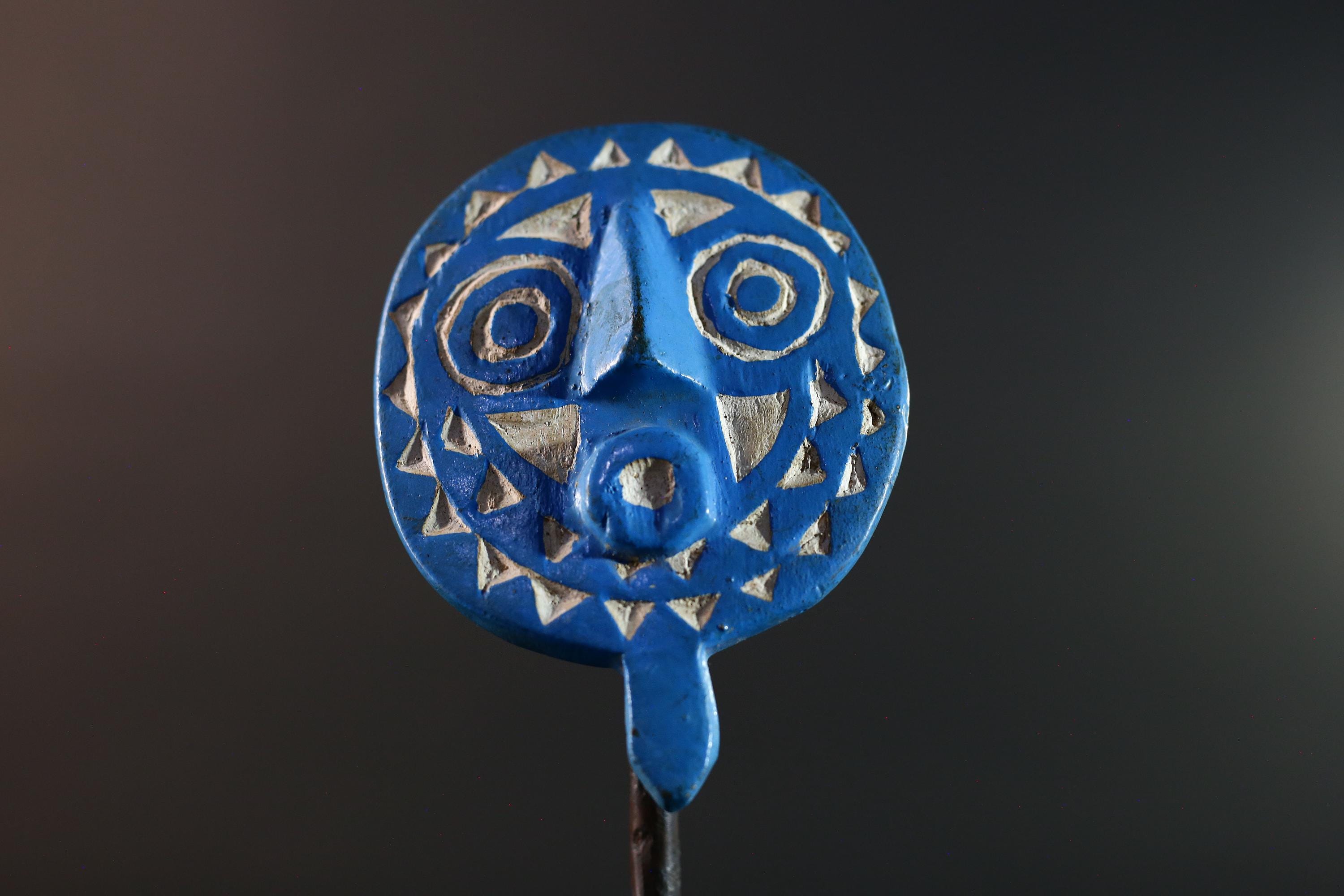 African wall mask Bwa tribal sunburst carving blue geometric face art small decorative mask cultural wall decor collectible artwork G5577