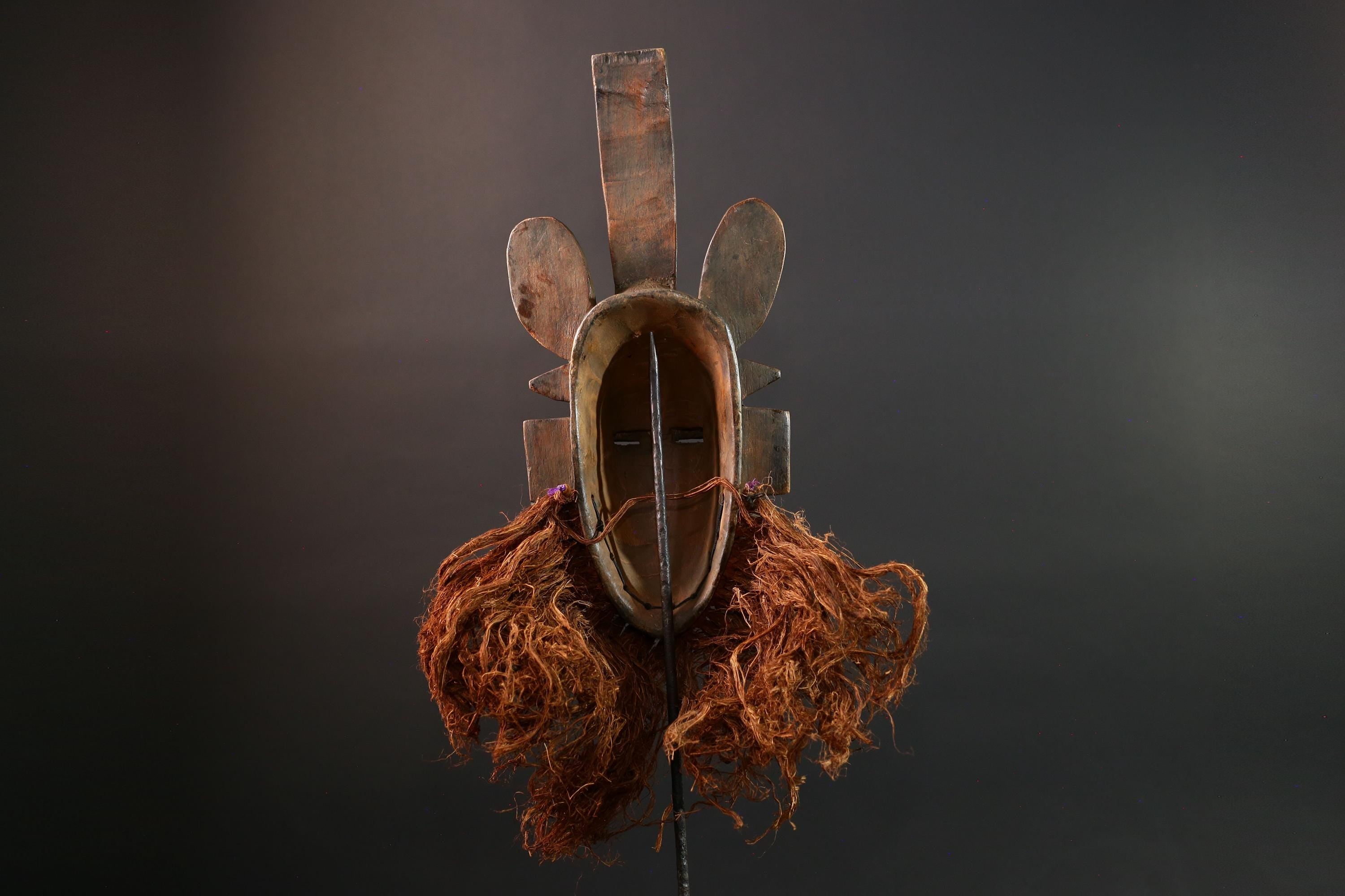 African mask Senufo tribal warrior face carving with raffia beard tall crest art cultural wall decor bold ceremonial mask sculpture G5578
