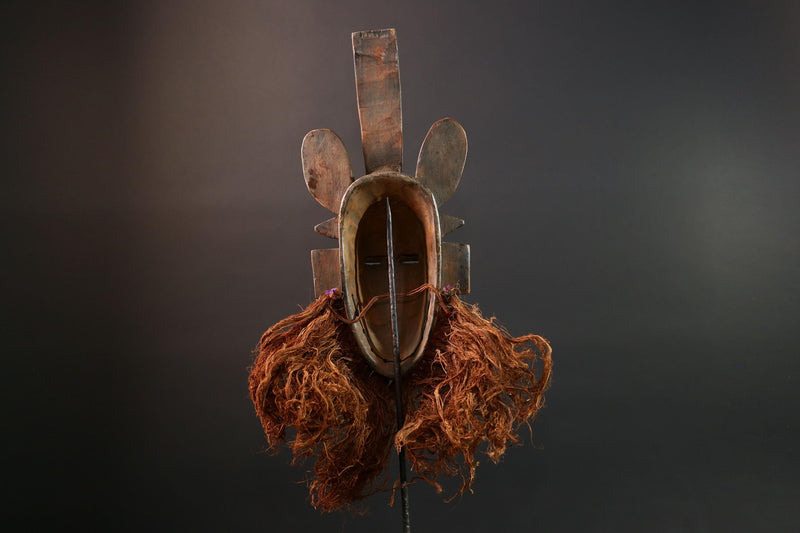 African mask Senufo tribal warrior face carving with raffia beard tall crest art cultural wall decor bold ceremonial mask sculpture G5578