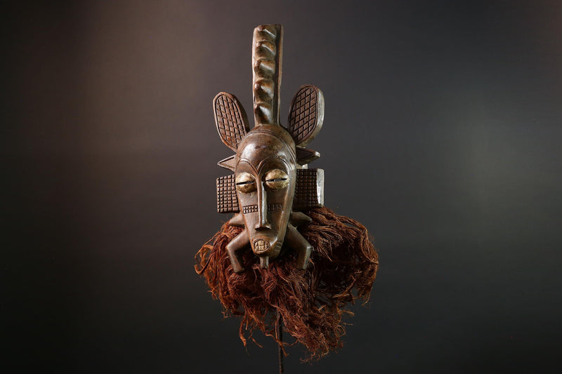 African mask Senufo tribal warrior face carving with raffia beard tall crest art cultural wall decor bold ceremonial mask sculpture G5578