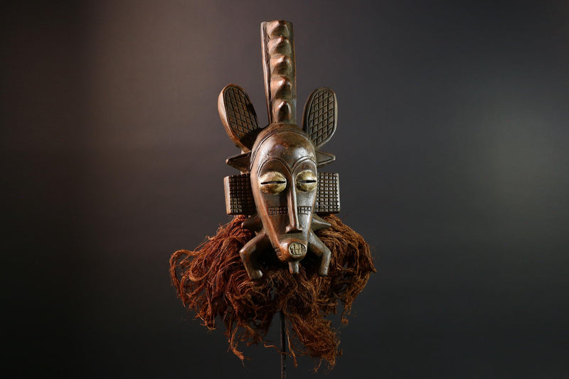 African mask Senufo tribal warrior face carving with raffia beard tall crest art cultural wall decor bold ceremonial mask sculpture G5578