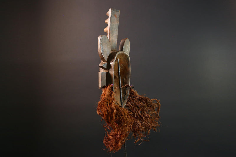African mask Senufo tribal warrior face carving with raffia beard tall crest art cultural wall decor bold ceremonial mask sculpture G5578
