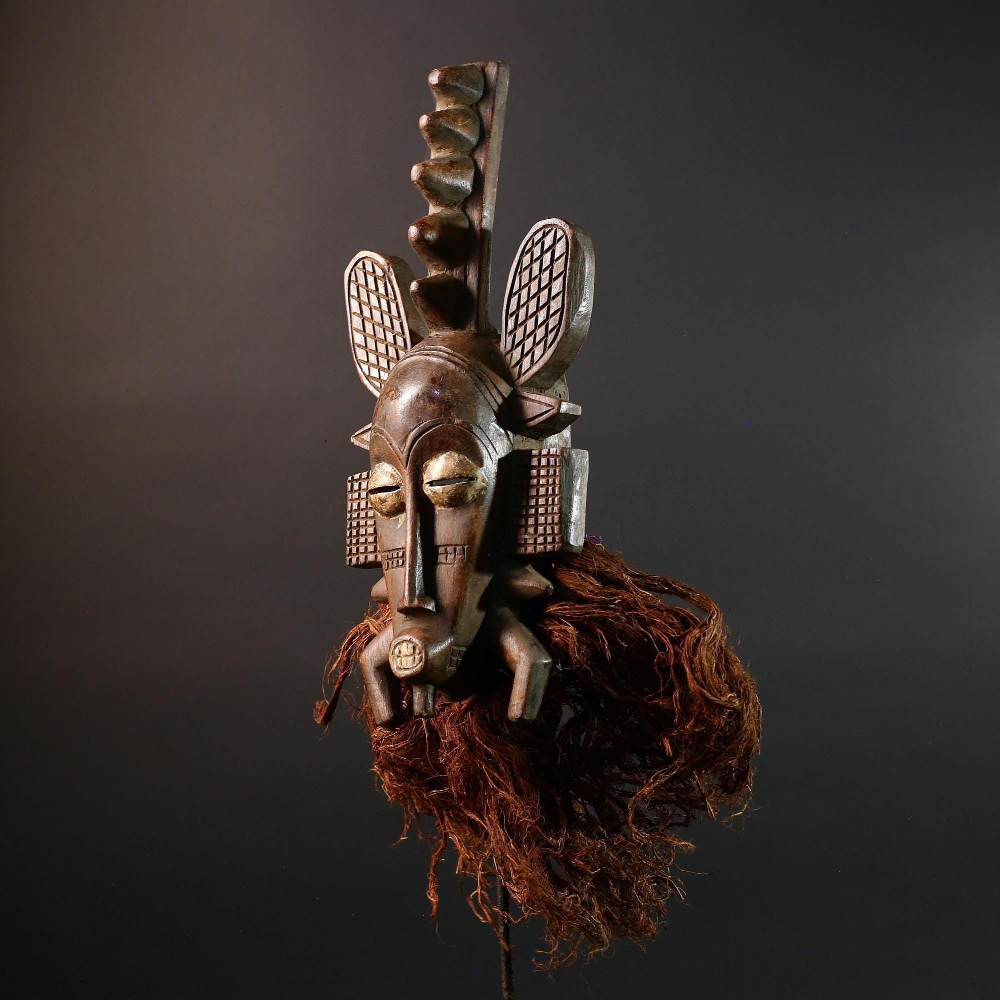 African mask Senufo tribal warrior face carving with raffia beard tall crest art cultural wall decor bold ceremonial mask sculpture G5578