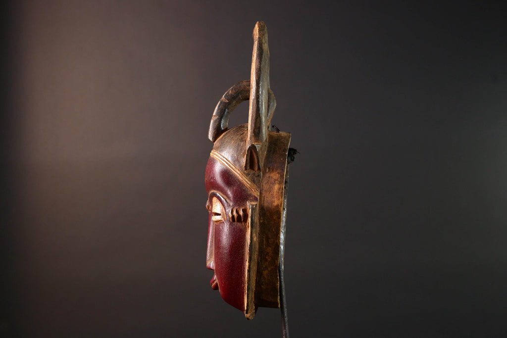 African Baule mask wall hanging tribal decor wood sculpture with horns ethnic face art ivory coast wall piece spiritual carving G5487