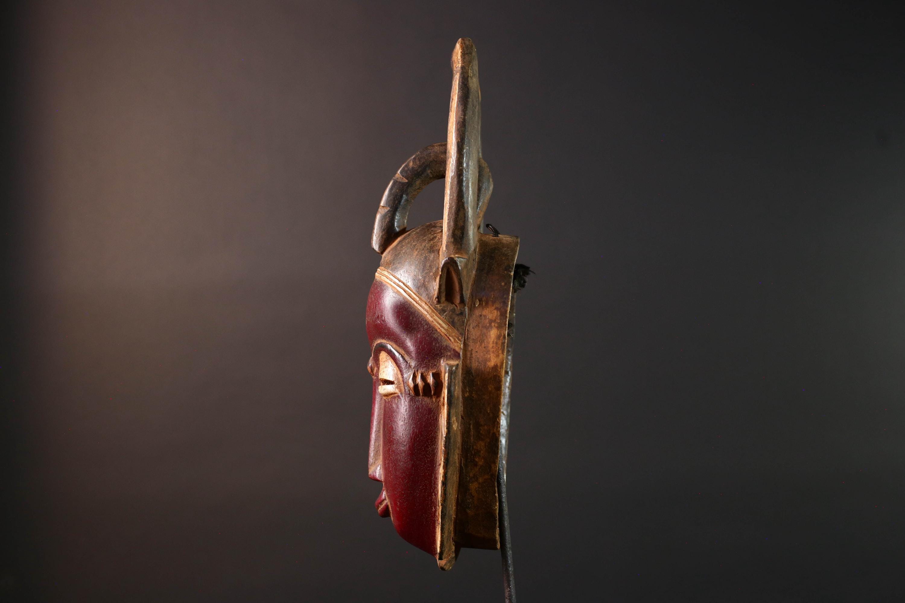 African Baule mask wall hanging tribal decor wood sculpture with horns ethnic face art ivory coast wall piece spiritual carving G5487