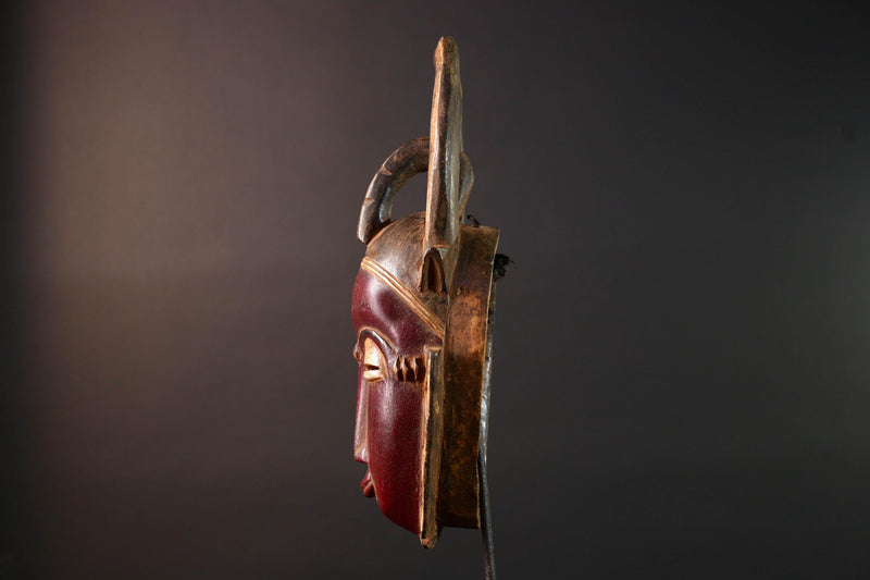 African Baule mask wall hanging tribal decor wood sculpture with horns ethnic face art ivory coast wall piece spiritual carving G5487