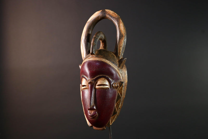 African Baule mask wall hanging tribal decor wood sculpture with horns ethnic face art ivory coast wall piece spiritual carving G5487