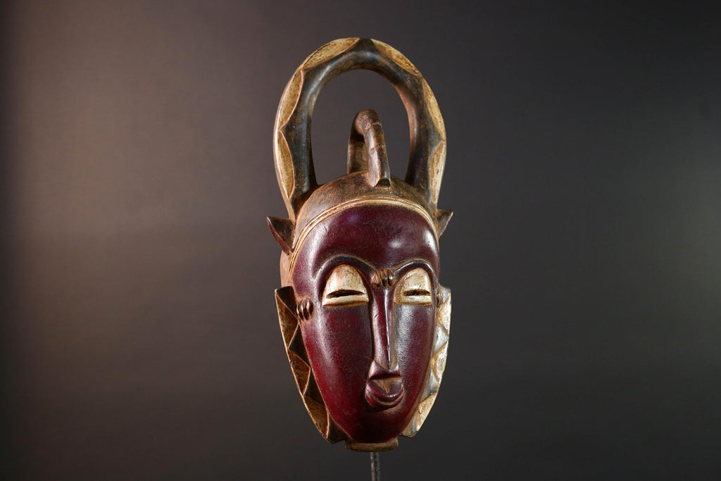 African Baule mask wall hanging tribal decor wood sculpture with horns ethnic face art ivory coast wall piece spiritual carving G5487