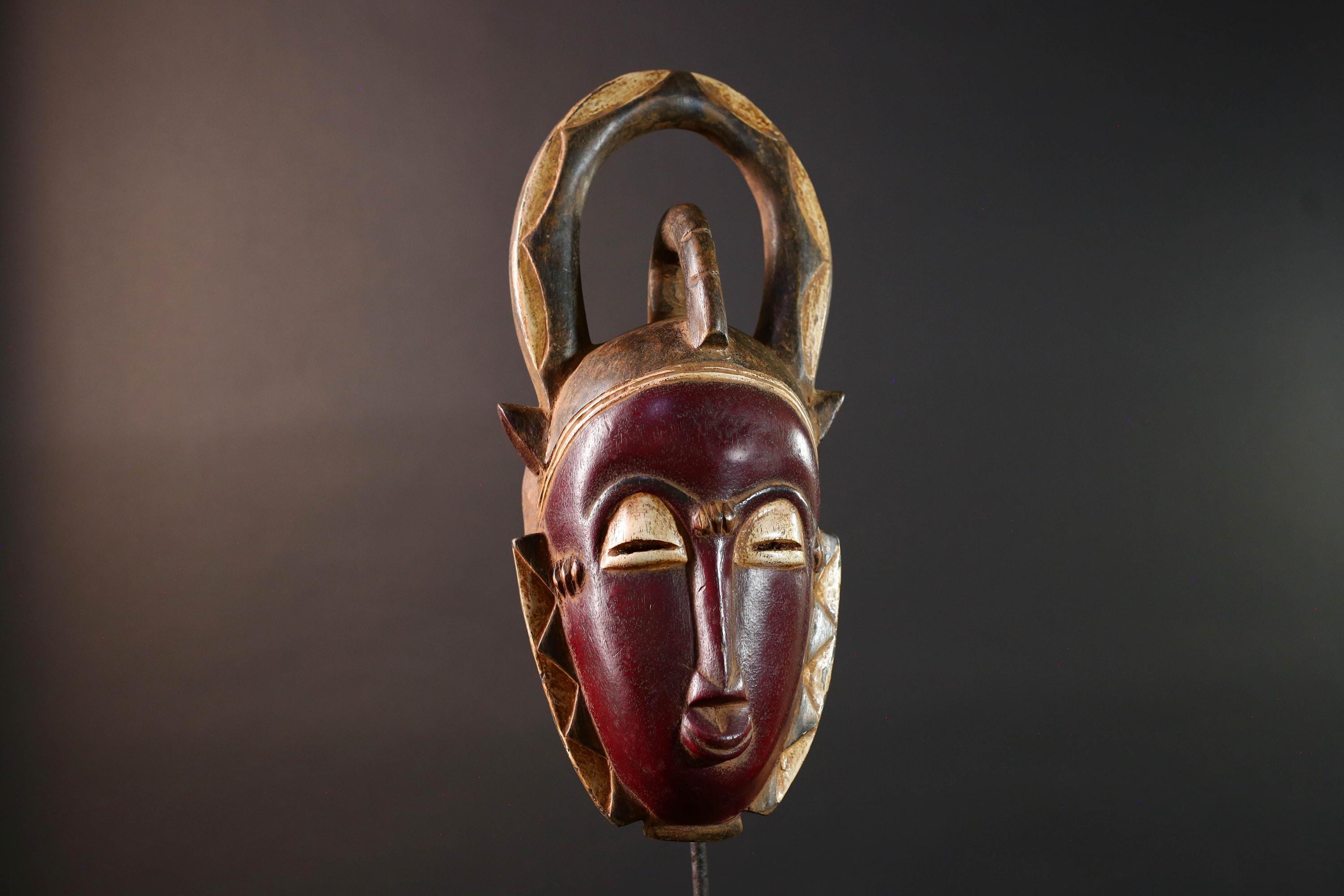 African Baule mask wall hanging tribal decor wood sculpture with horns ethnic face art ivory coast wall piece spiritual carving G5487