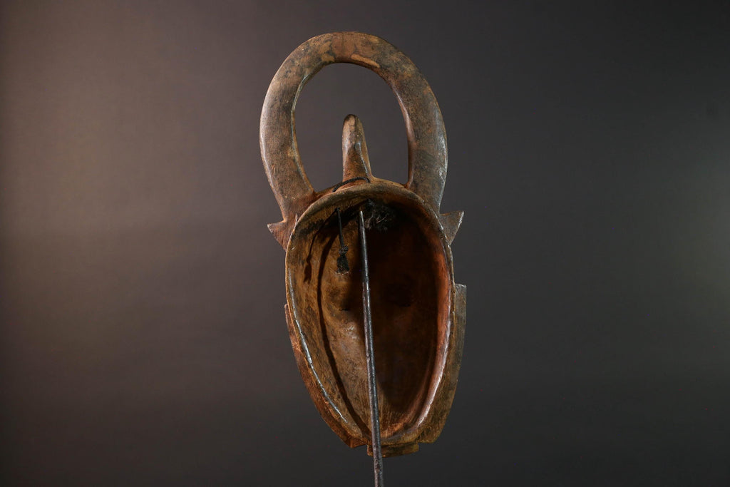 African Baule mask wall hanging tribal decor wood sculpture with horns ethnic face art ivory coast wall piece spiritual carving G5487