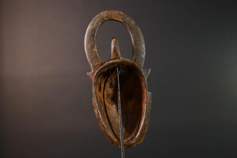 African Baule mask wall hanging tribal decor wood sculpture with horns ethnic face art ivory coast wall piece spiritual carving G5487