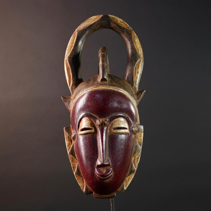 African Baule mask wall hanging tribal decor wood sculpture with horns ethnic face art ivory coast wall piece spiritual carving G5487