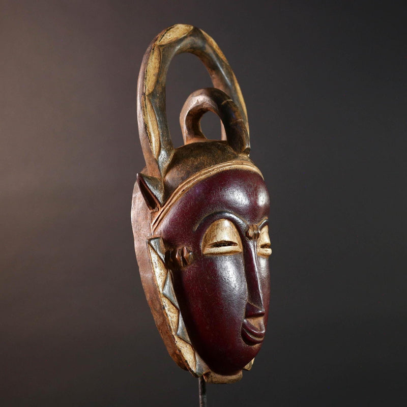 African Baule mask wall hanging tribal decor wood sculpture with horns ethnic face art ivory coast wall piece spiritual carving G5487