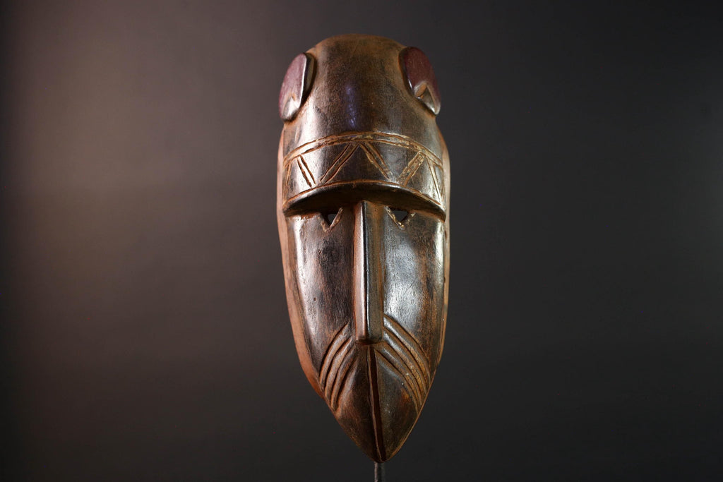 African Dan mask tribal wall decor carved wooden face with red discs ivory coast ethnic art geometric mask spiritual african sculpture G5488