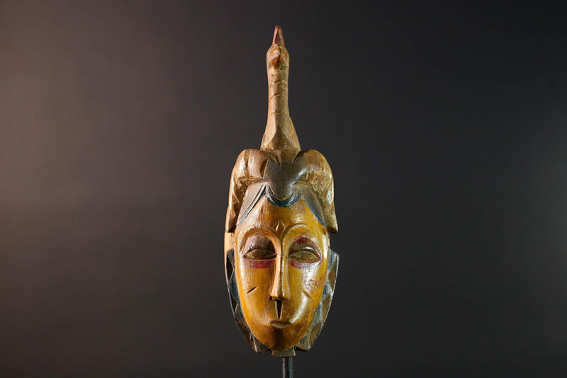 Africa Guro mask with animal crest tribal yellow face wall decor handmade ivory coast wood sculpture ethnic spirit mask for collectors G5489