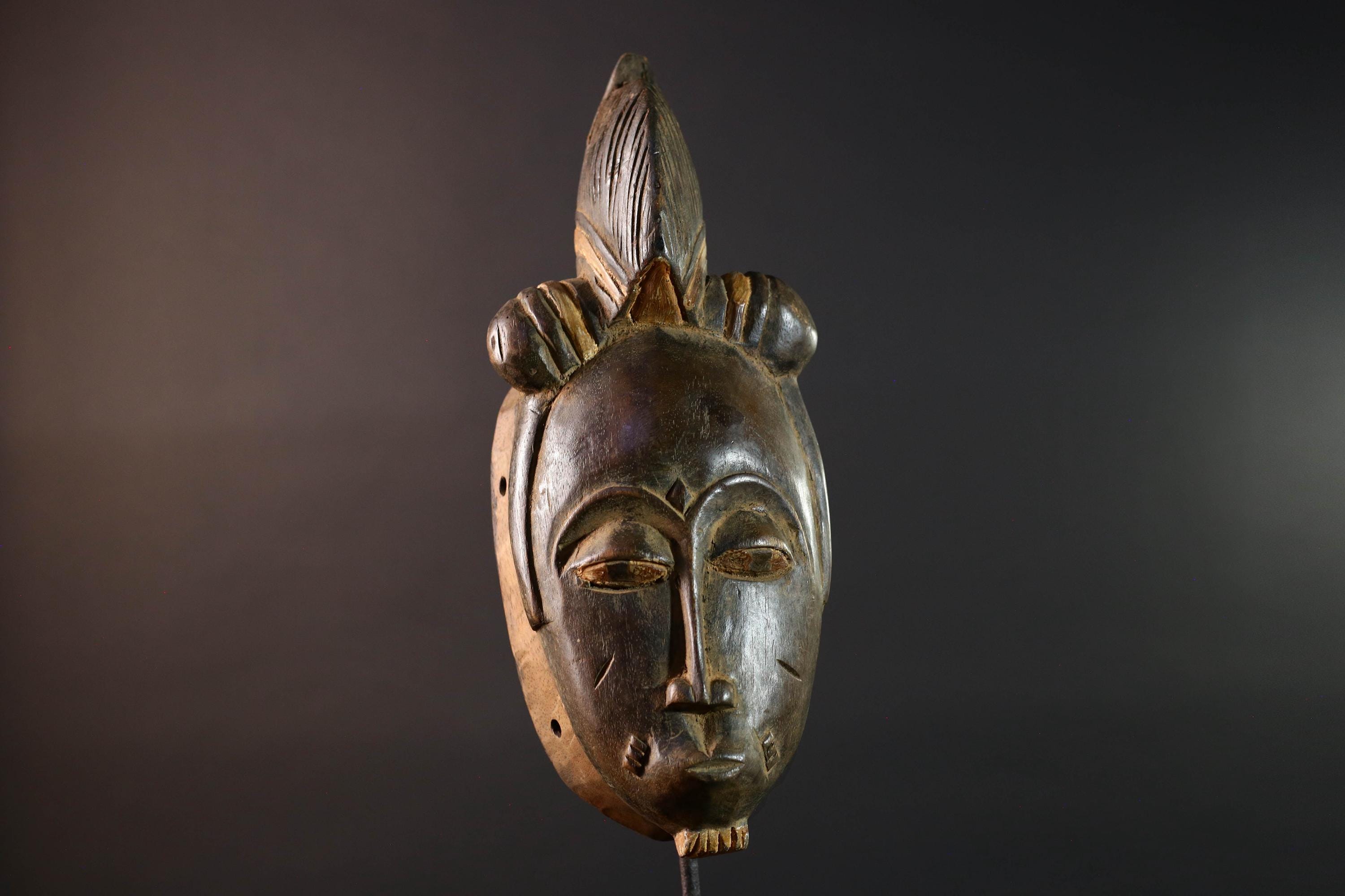 African Baule mask tribal face wall art scarification carving spiritual home decor ivory coast handmade wood sculpture ancestral piece G5491
