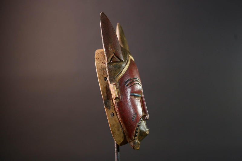 African Guro mask red face tribal wall sculpture with animal ears ivory coast handmade wood art ethnic decor carving for collectors G5492