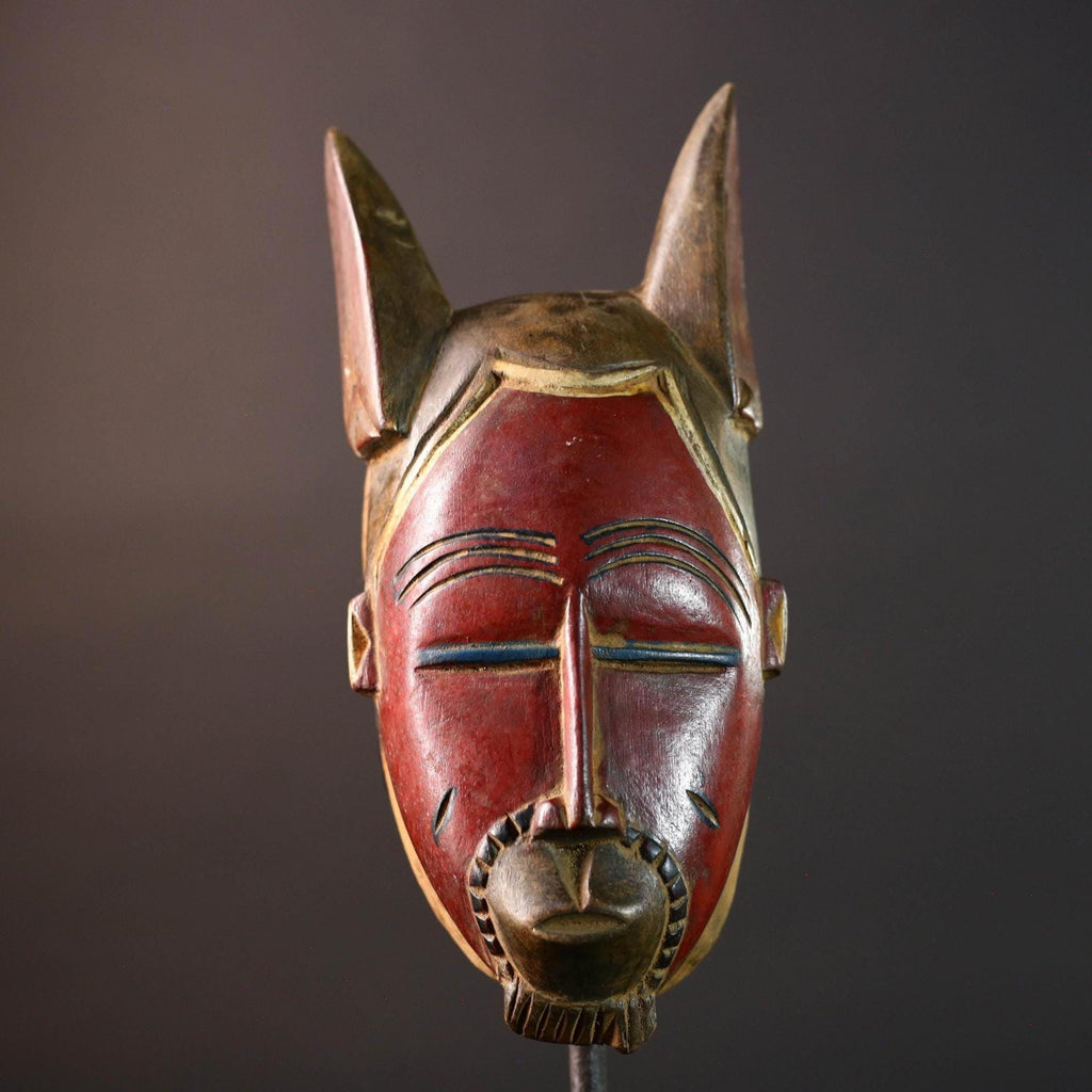 African Guro mask red face tribal wall sculpture with animal ears ivory coast handmade wood art ethnic decor carving for collectors G5492