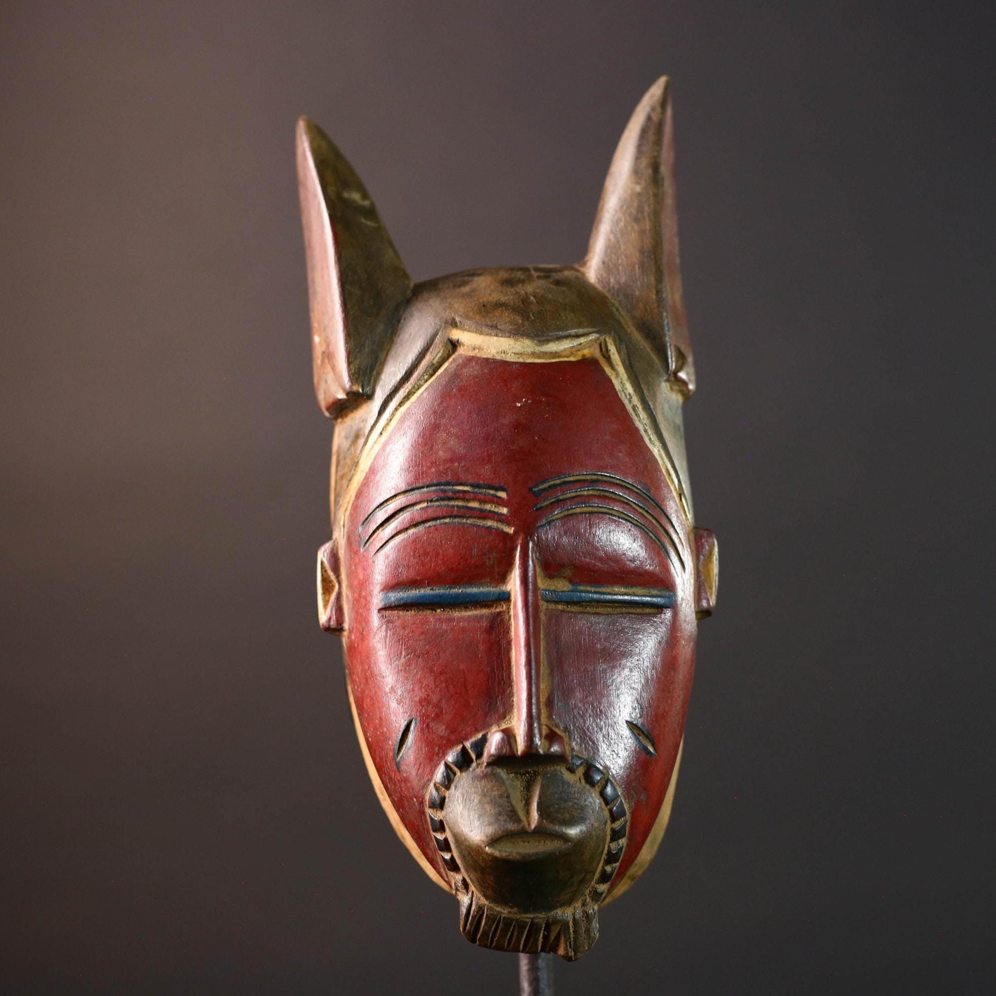 African Guro mask red face tribal wall sculpture with animal ears ivory coast handmade wood art ethnic decor carving for collectors G5492