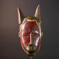 African Guro mask red face tribal wall sculpture with animal ears ivory coast handmade wood art ethnic decor carving for collectors G5492