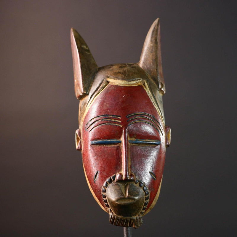 African Guro mask red face tribal wall sculpture with animal ears ivory coast handmade wood art ethnic decor carving for collectors G5492