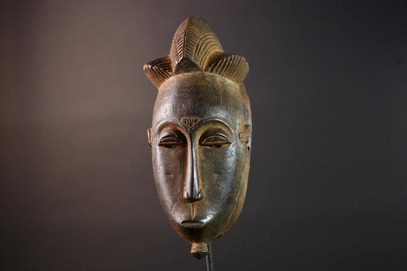 African Baule mask narrow face tribal portrait wall decor ivory coast wood sculpture crest handmade spirit carving ethnic home art G5493