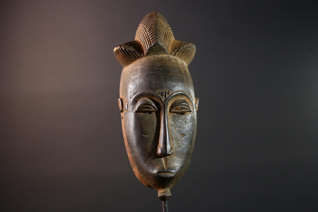 African Baule mask narrow face tribal portrait wall decor ivory coast wood sculpture crest handmade spirit carving ethnic home art G5493