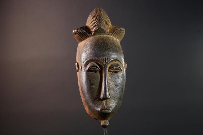 African Baule mask narrow face tribal portrait wall decor ivory coast wood sculpture crest handmade spirit carving ethnic home art G5493